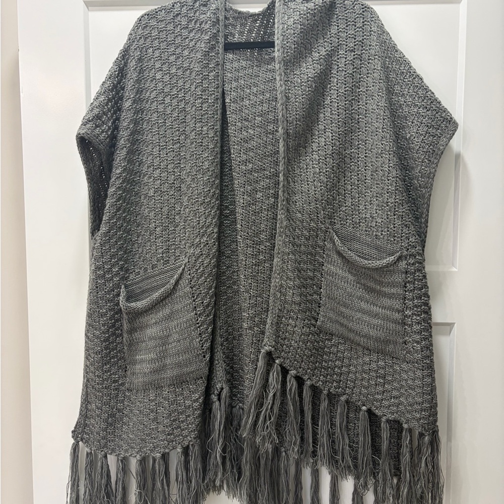 Gray Chunky Knit Fringe Cardigan | Boho Oversized Cozy Sweater Vest w/ Pockets